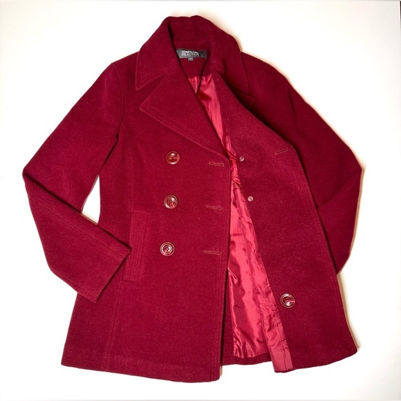 Kenneth Cole Women's Double-Breasted Wool Blend Dark Red Pea Coat Size- 2 - Picture 6 of 9